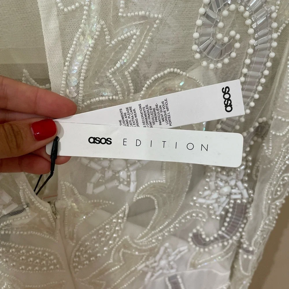NWT ASOS Edition White Beaded Mesh Fringe Mini Dress Plus Bridal Wedding - Picture 15 of 15